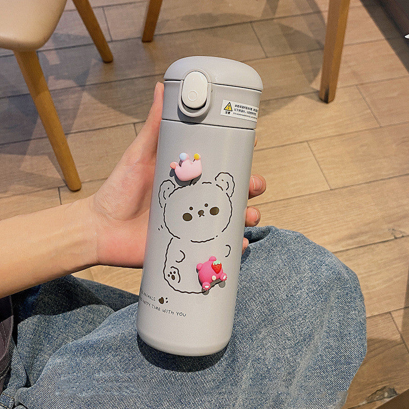 Cute Flip-Top Stainless Steel Insulated Water Bottles with Straw & 3D Cartoon Charms