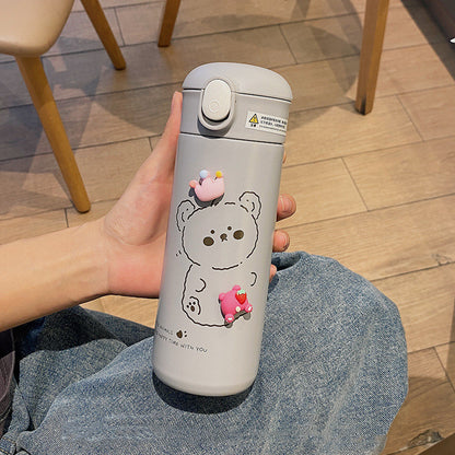 Cute Flip-Top Stainless Steel Insulated Water Bottles with Straw & 3D Cartoon Charms