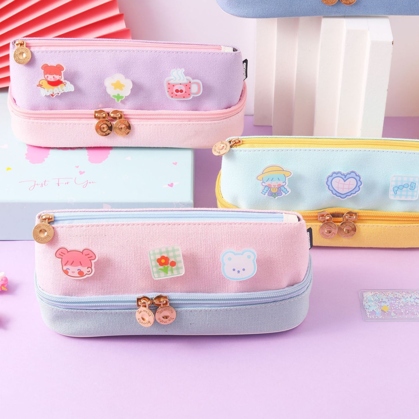 Adorable Korean Canvas Zipper Pencil Case – Pink & Pastel Charm