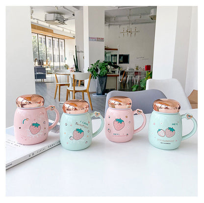 Strawberry-Themed Korean Ceramic Mug with Lid – Pink & Green Variants