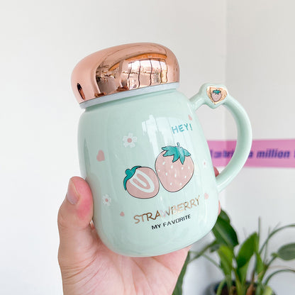 Strawberry-Themed Korean Ceramic Mug with Lid – Pink & Green Variants