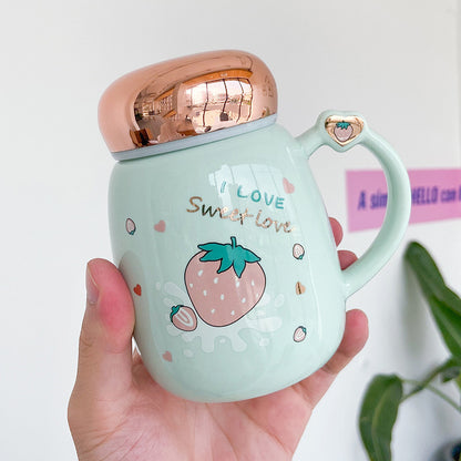 Strawberry-Themed Korean Ceramic Mug with Lid – Pink & Green Variants