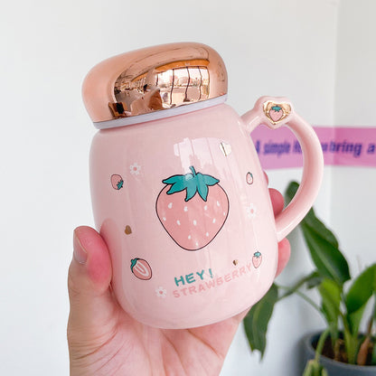 Strawberry-Themed Korean Ceramic Mug with Lid – Pink & Green Variants