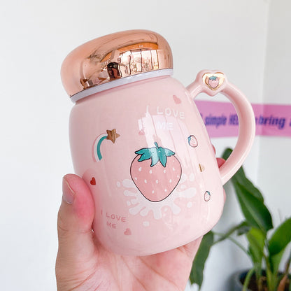 Strawberry-Themed Korean Ceramic Mug with Lid – Pink & Green Variants