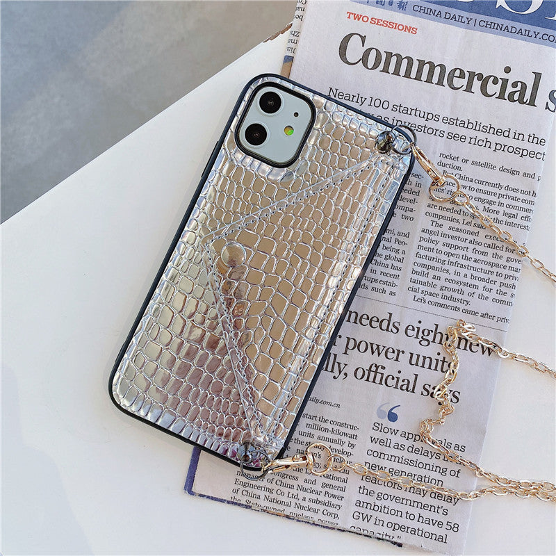 Snakeskin Patterned Leather Wallet Phone Case with Chain Strap