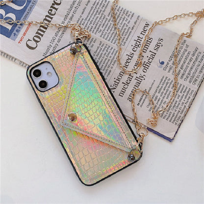 Snakeskin Patterned Leather Wallet Phone Case with Chain Strap