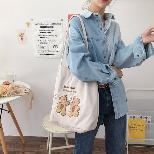 Cute Bear Embroidered Canvas Shoulder Tote Bag for Women