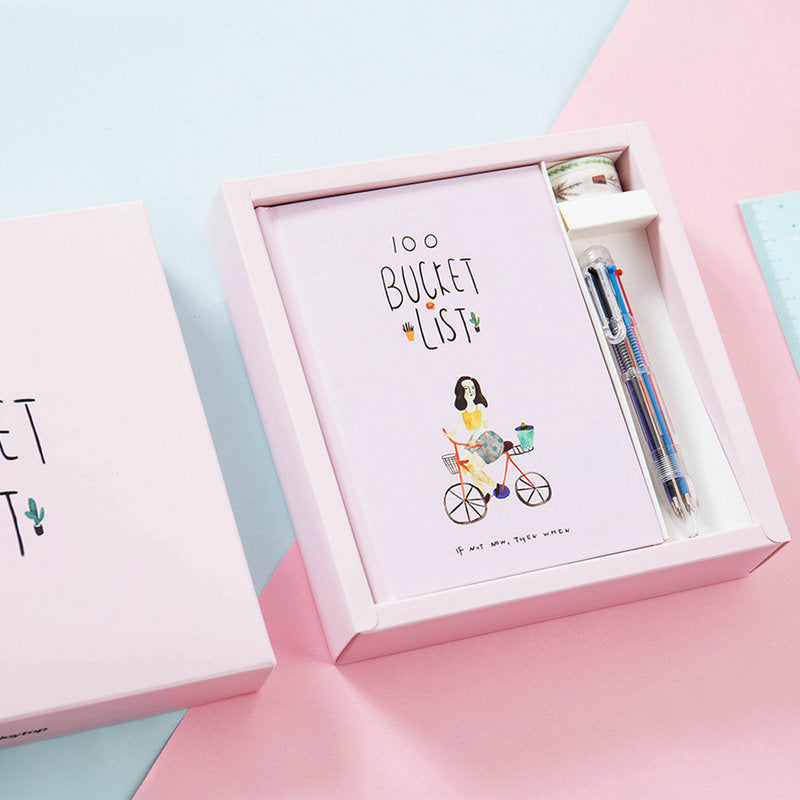 Bucket List A5 Cute Diary Set in Pink & Blue with Traveler Art