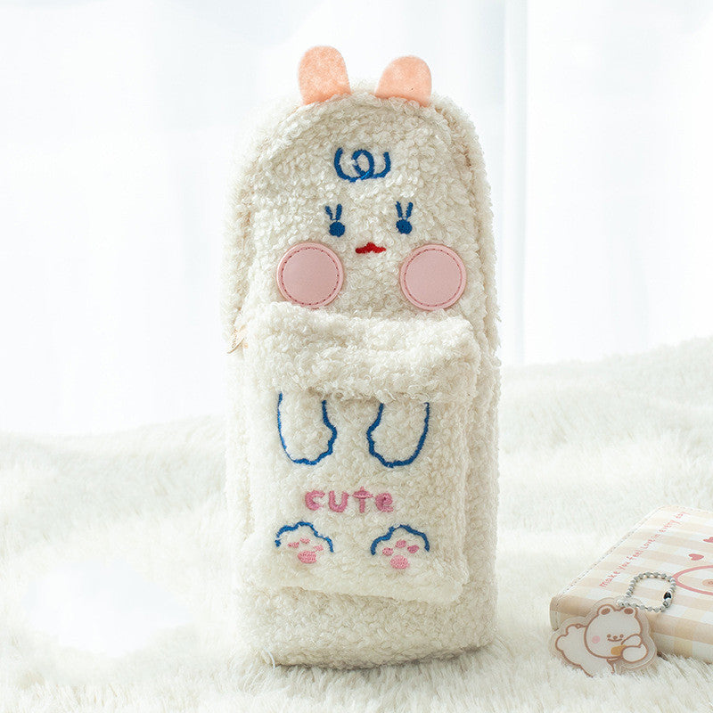 Fluffy Animal Standing Pencil Case - Cute Embroidered Plush for School