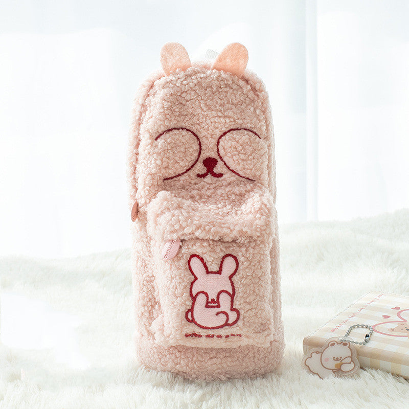 Fluffy Animal Standing Pencil Case - Cute Embroidered Plush for School