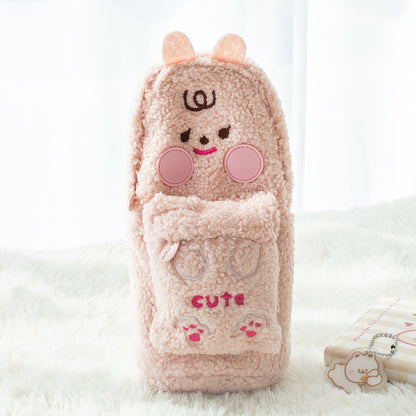 Fluffy Animal Standing Pencil Case - Cute Embroidered Plush for School