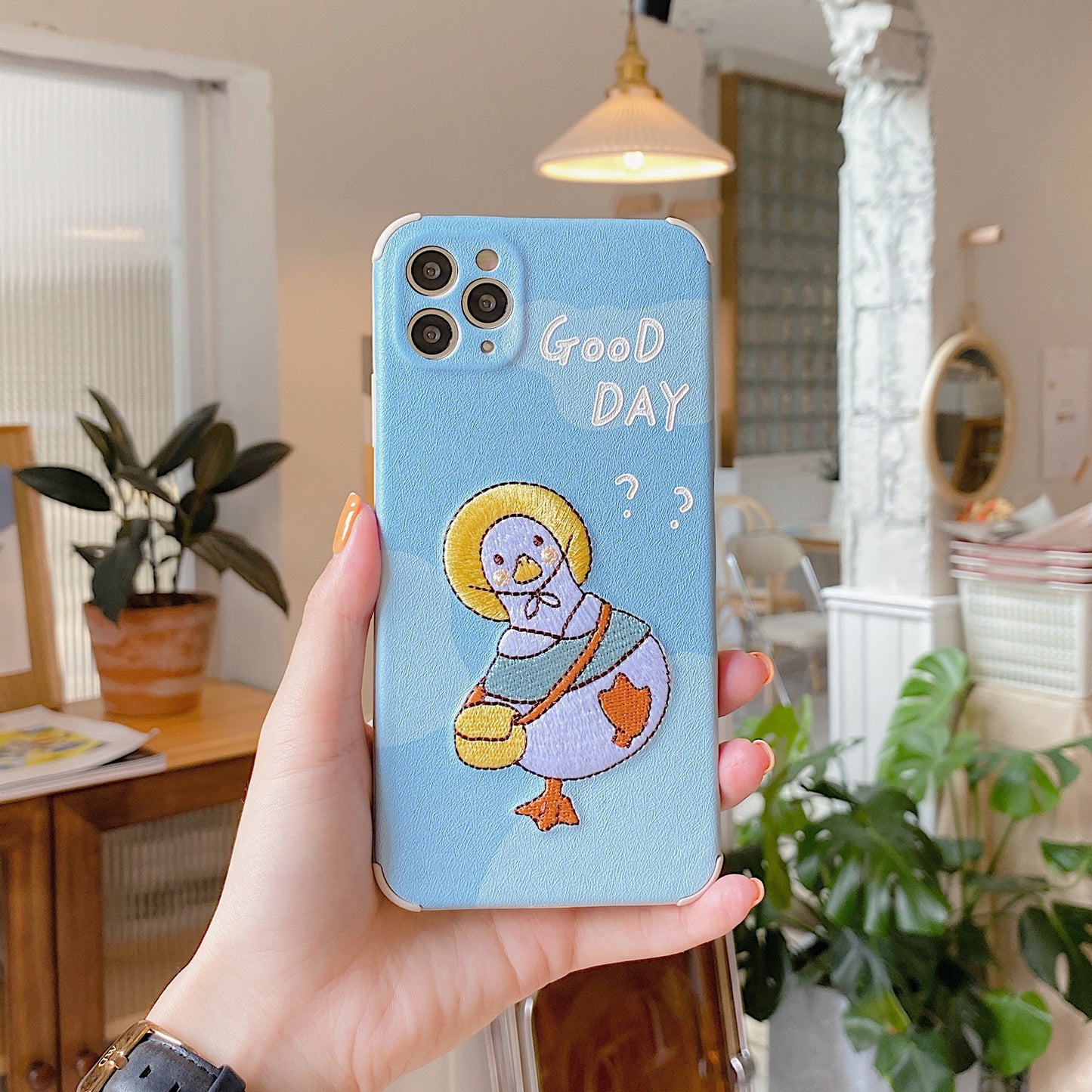 Cute Embroidered Blue Duck Phone Case with Text Print