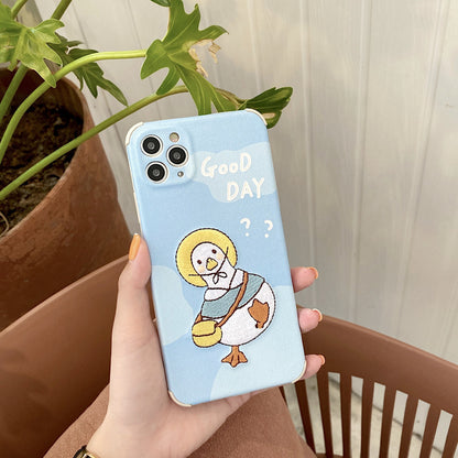 Cute Embroidered Blue Duck Phone Case with Text Print