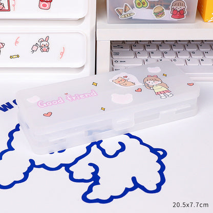 Cute Transparent Plastic Pencil Box with Cartoon Animals & Pastel Colors