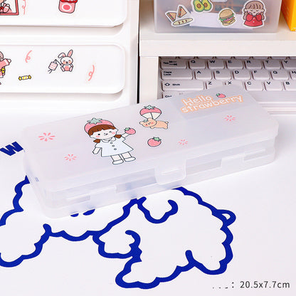 Cute Transparent Plastic Pencil Box with Cartoon Animals & Pastel Colors