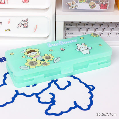 Cute Transparent Plastic Pencil Box with Cartoon Animals & Pastel Colors