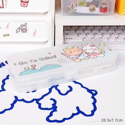 Cute Transparent Plastic Pencil Box with Cartoon Animals & Pastel Colors