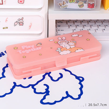 Cute Transparent Plastic Pencil Box with Cartoon Animals & Pastel Colors