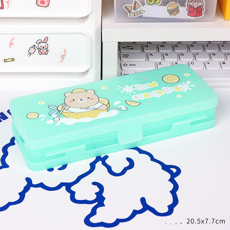 Cute Transparent Plastic Pencil Box with Cartoon Animals & Pastel Colors