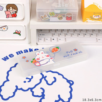 Cute Transparent Plastic Pencil Box with Cartoon Animals & Pastel Colors