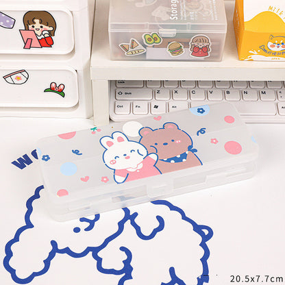 Cute Transparent Plastic Pencil Box with Cartoon Animals & Pastel Colors