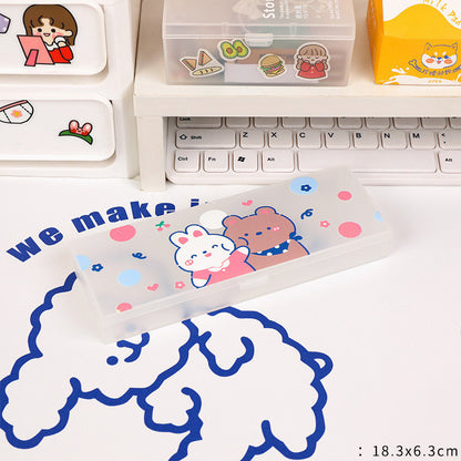 Cute Transparent Plastic Pencil Box with Cartoon Animals & Pastel Colors