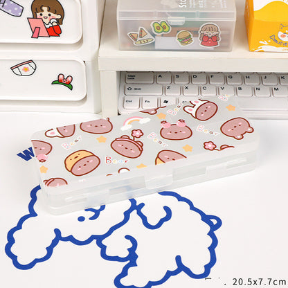 Cute Transparent Plastic Pencil Box with Cartoon Animals & Pastel Colors