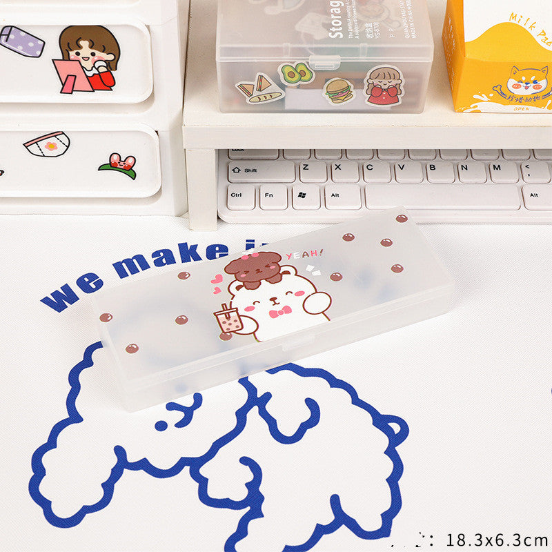 Cute Transparent Plastic Pencil Box with Cartoon Animals & Pastel Colors