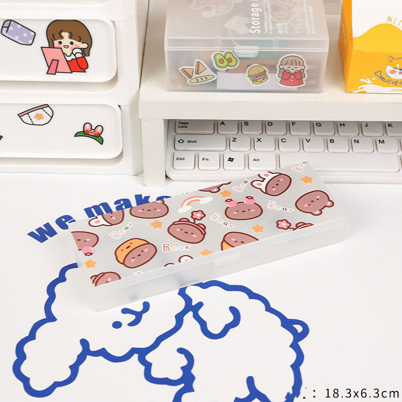 Cute Transparent Plastic Pencil Box with Cartoon Animals & Pastel Colors