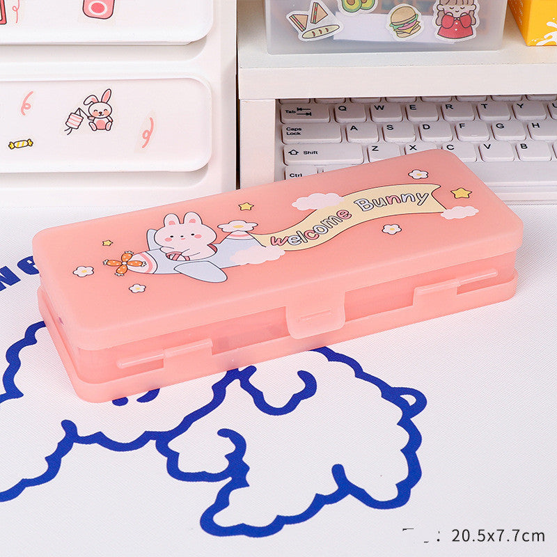 Cute Transparent Plastic Pencil Box with Cartoon Animals & Pastel Colors