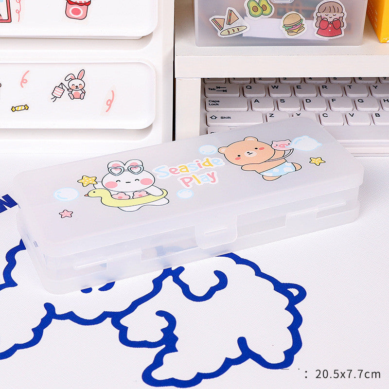 Cute Transparent Plastic Pencil Box with Cartoon Animals & Pastel Colors