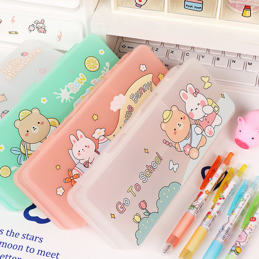 Cute Transparent Plastic Pencil Box with Cartoon Animals & Pastel Colors