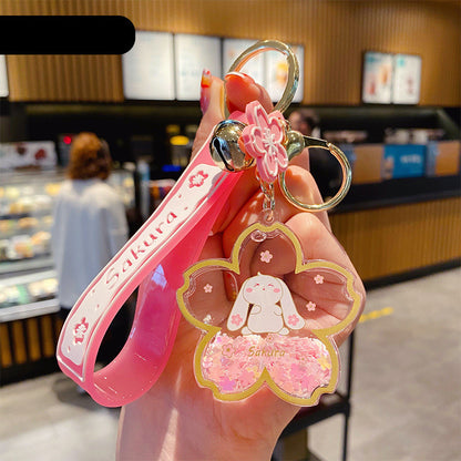 Cute Bunny Acrylic Keychain with Pink Sakura Flower Design & Charms