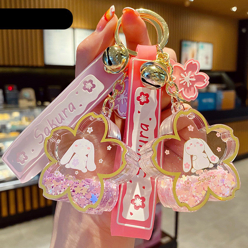Cute Bunny Acrylic Keychain with Pink Sakura Flower Design & Charms