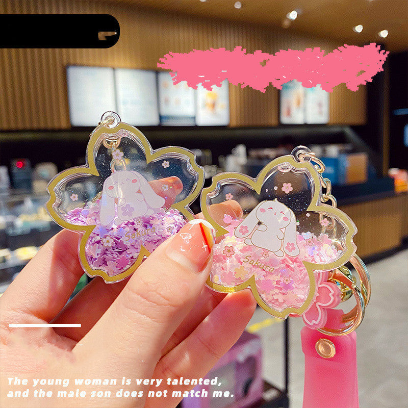 Cute Bunny Acrylic Keychain with Pink Sakura Flower Design & Charms