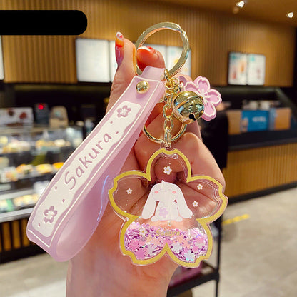 Cute Bunny Acrylic Keychain with Pink Sakura Flower Design & Charms