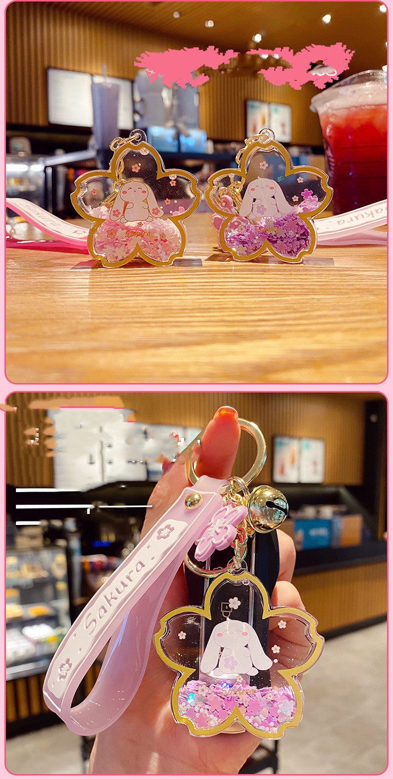 Cute Bunny Acrylic Keychain with Pink Sakura Flower Design & Charms