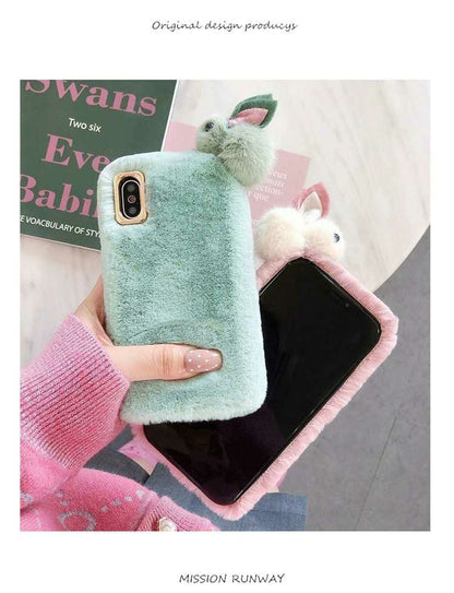 Soft Bunny Plush Phone Case – Pink & Green Fluffy Design