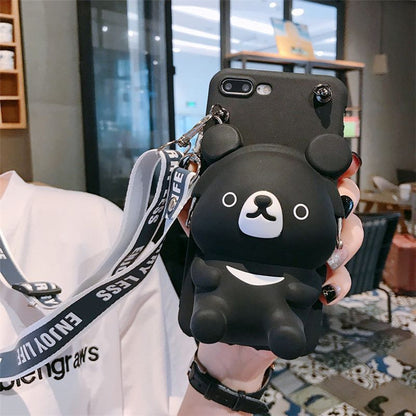 Cute 3D Bear Phone Case with Crossbody Strap in Pink & Black Variants