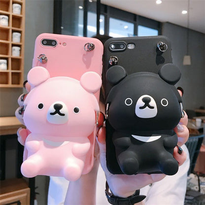 Cute 3D Bear Phone Case with Crossbody Strap in Pink & Black Variants