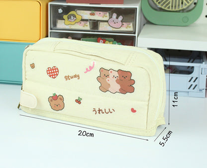 Large Capacity Soft Canvas Pencil Case with Cute Bear & Strawberry Designs