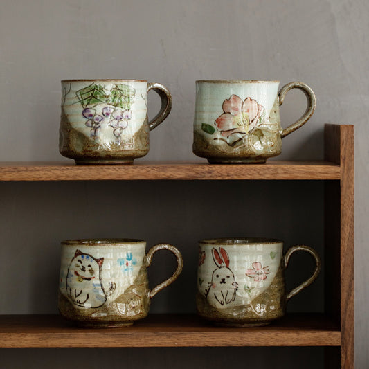 Hand-Painted Japanese Ceramic Mugs – Cute Floral and Fruit Design