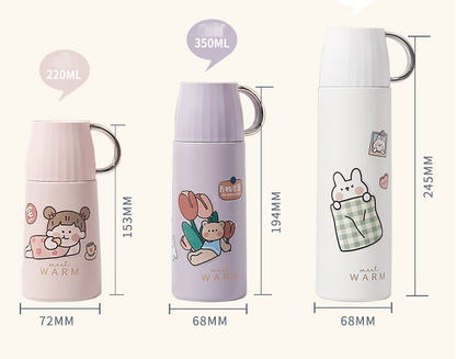 Colorful Stainless Steel Insulated Water Bottle with Cup & Cute Stickers