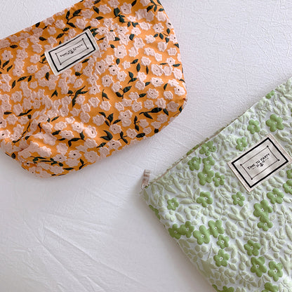 Square & Floral  Cosmetic Bags with Zipper in Green & Orange Colour