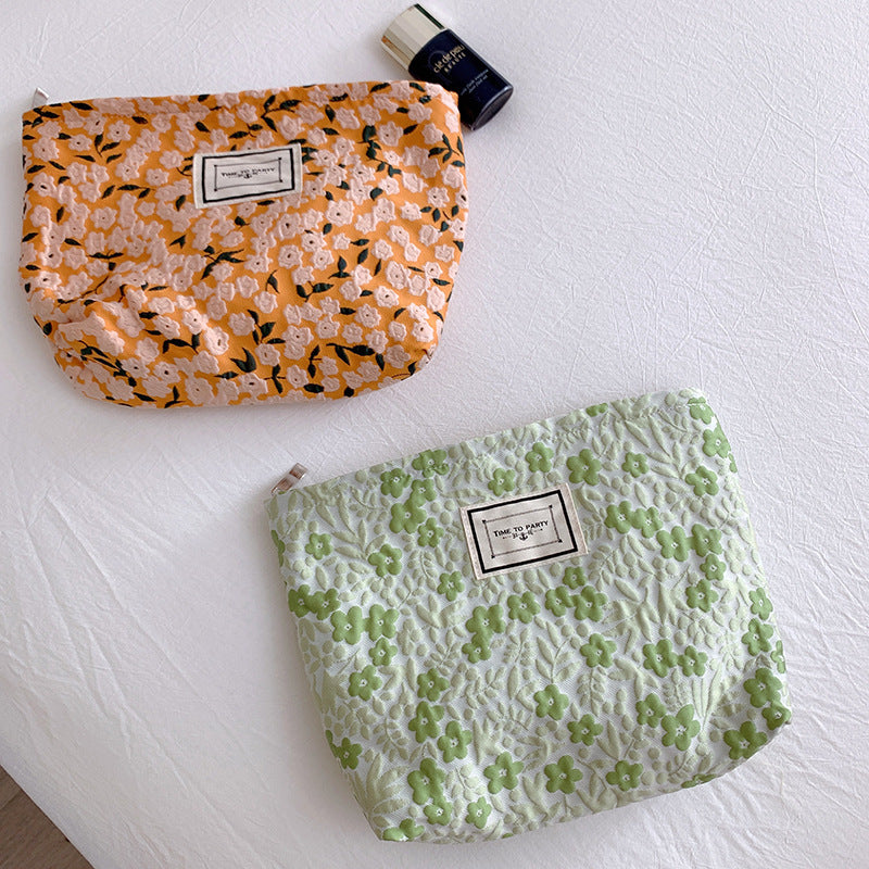 Square & Floral  Cosmetic Bags with Zipper in Green & Orange Colour