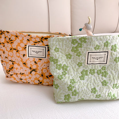 Square & Floral  Cosmetic Bags with Zipper in Green & Orange Colour