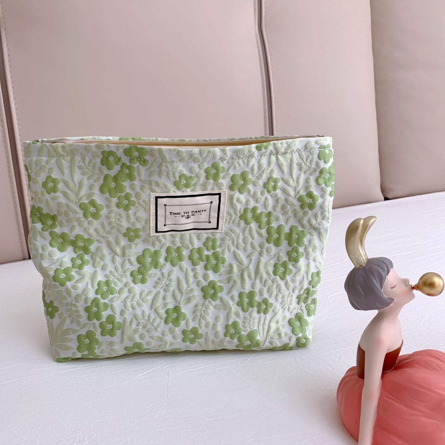 Square & Floral  Cosmetic Bags with Zipper in Green & Orange Colour