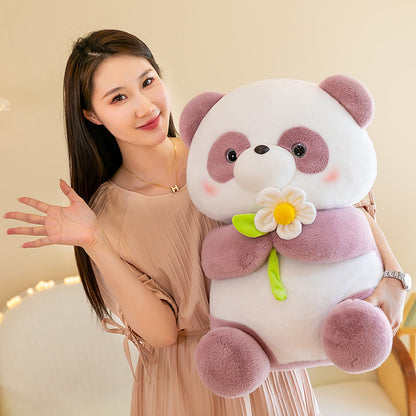 Giant Panda Plush Toys Holding Flowers in Pink & Gray Variants