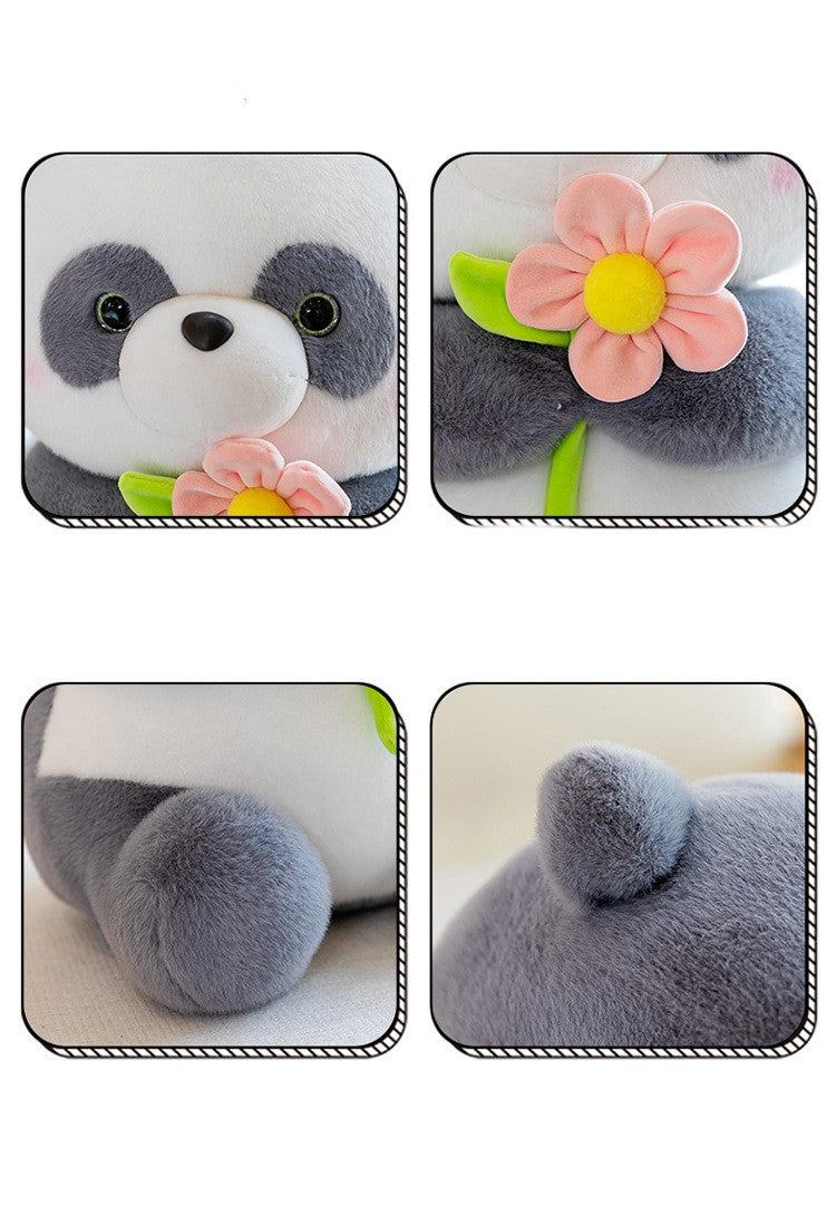 Giant Panda Plush Toys Holding Flowers in Pink & Gray Variants