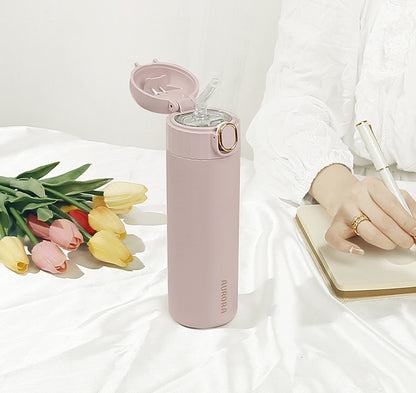 Sleek Matte Flip-Top Insulated Water Bottle with Straw & Gold Accent